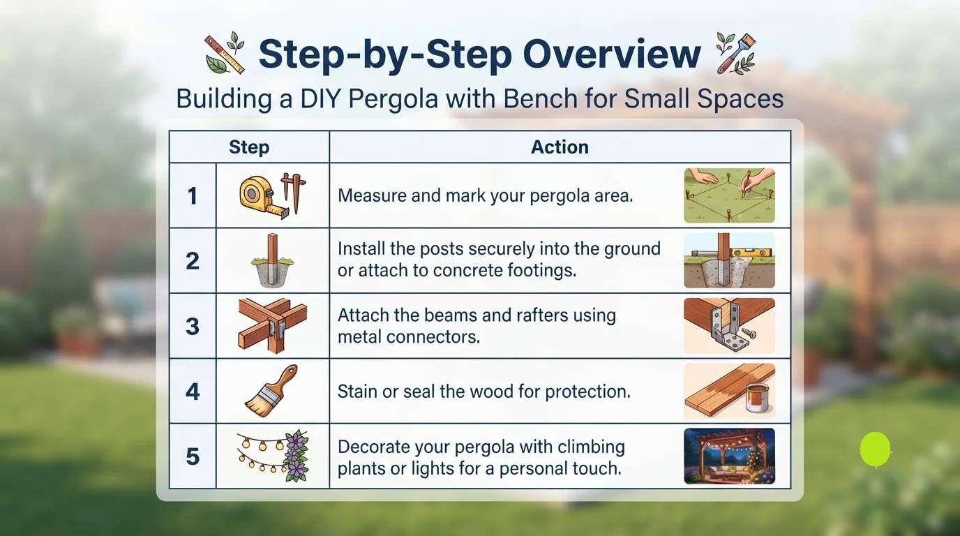 An infographic titled "Step-by-Step Overview: Building a DIY Pergola with Bench for Small Spaces," displaying a five-step numbered list with icons and corresponding action descriptions for the construction process.