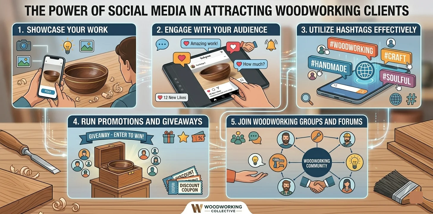 An infographic titled "THE POWER OF SOCIAL MEDIA IN ATTRACTING WOODWORKING CLIENTS" featuring five illustrated panels set on a wooden workbench with tools.