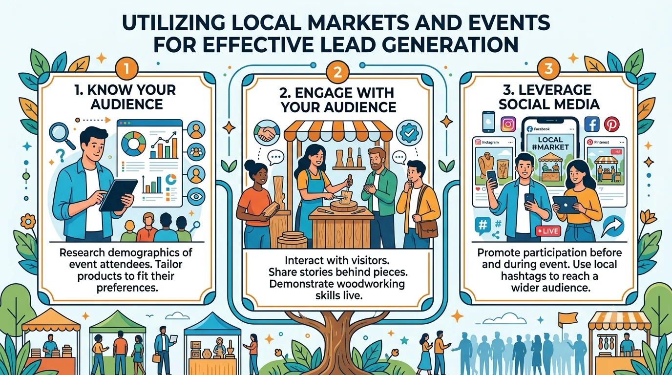Infographic titled 'Utilizing Local Markets for Lead Generation,' showing three steps: 1. Know Your Audience with a magnifying glass icon, 2. Engage with Your Audience with a speech bubble icon, and 3. Leverage Social Media with a smartphone icon, set against a warm, wood-textured background