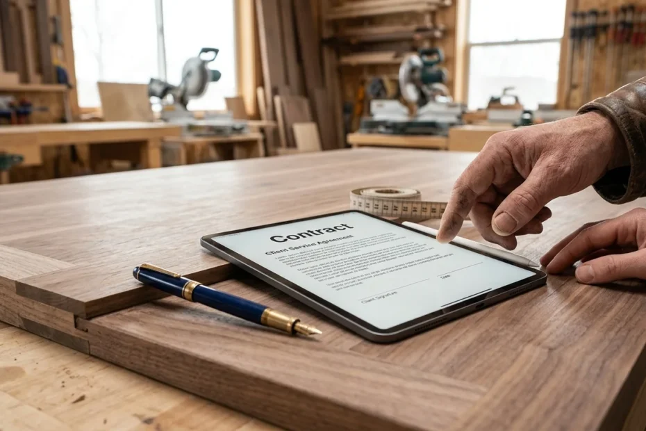 A professional close-up photograph of a contract on a digital tablet in a woodworking workshop