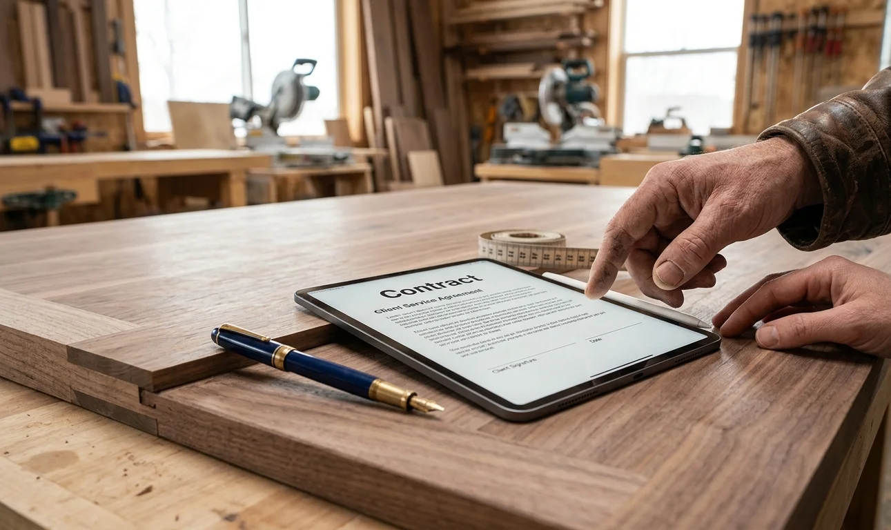 A professional close-up photograph of a contract on a digital tablet in a woodworking workshop