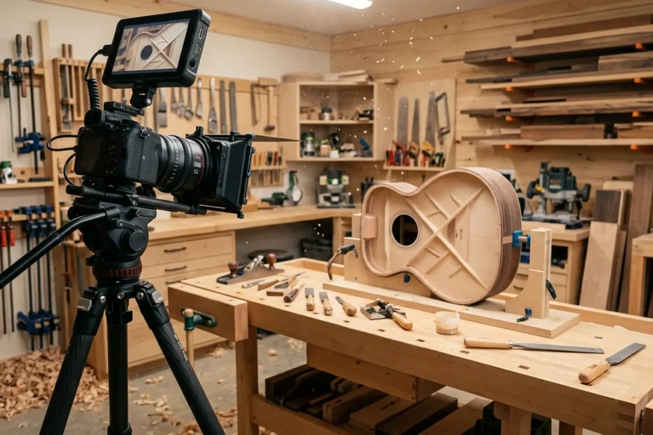 wood workshop with a camera focusing on the guitar plan