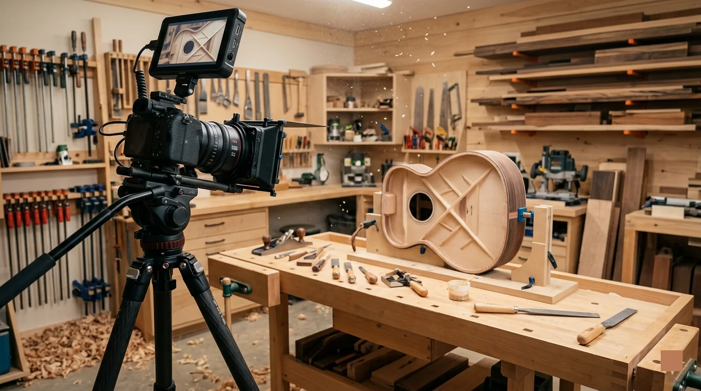 wood workshop with a camera focusing on the guitar plan