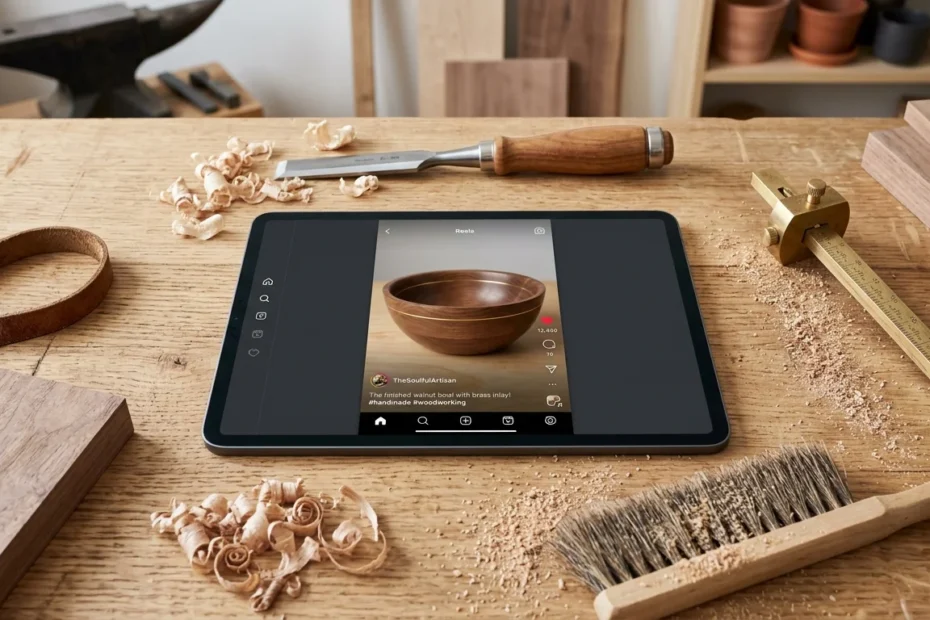 An overhead flat-lay photograph of a tablet on a wooden workbench, displaying an Instagram reel of a completed wooden bowl. The screen is artfully framed by physical woodworking elements, including curled wood shavings, a steel chisel, a brass marking gauge, and a natural bristle brush dusted with sawdust.