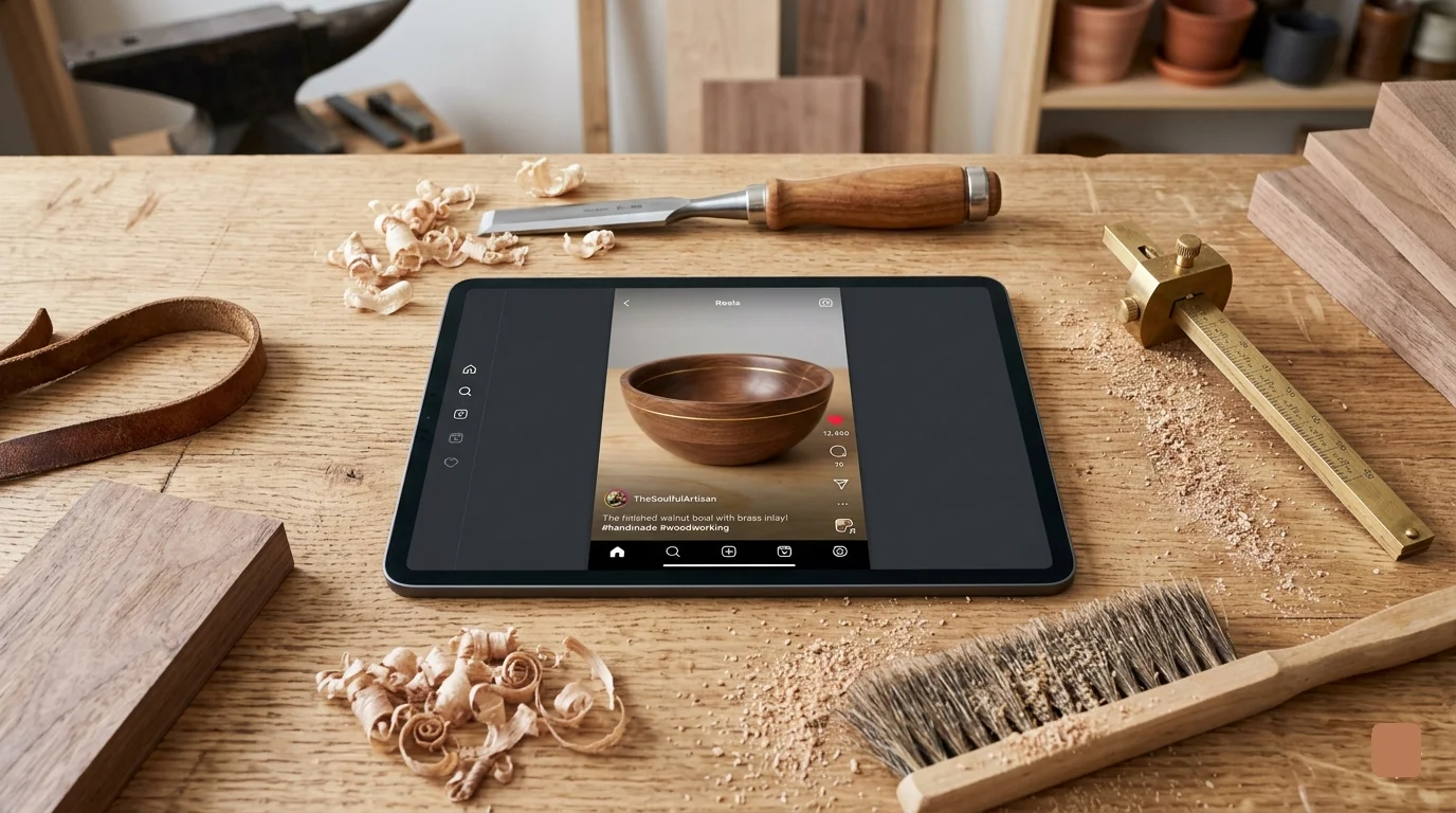 An overhead flat-lay photograph of a tablet on a wooden workbench, displaying an Instagram reel of a completed wooden bowl. The screen is artfully framed by physical woodworking elements, including curled wood shavings, a steel chisel, a brass marking gauge, and a natural bristle brush dusted with sawdust.