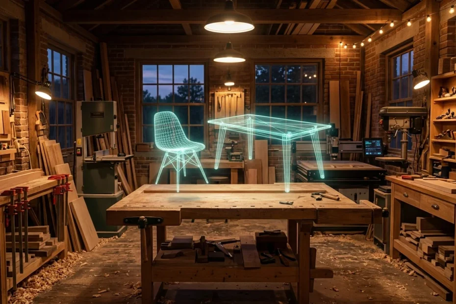 An independent woodworking workshop at dusk with glowing holographic wireframe models of a chair and a table floating above an empty assembly table.