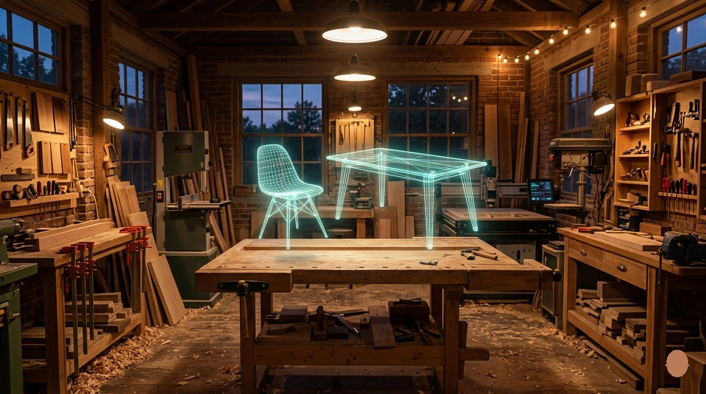 An independent woodworking workshop at dusk with glowing holographic wireframe models of a chair and a table floating above an empty assembly table.