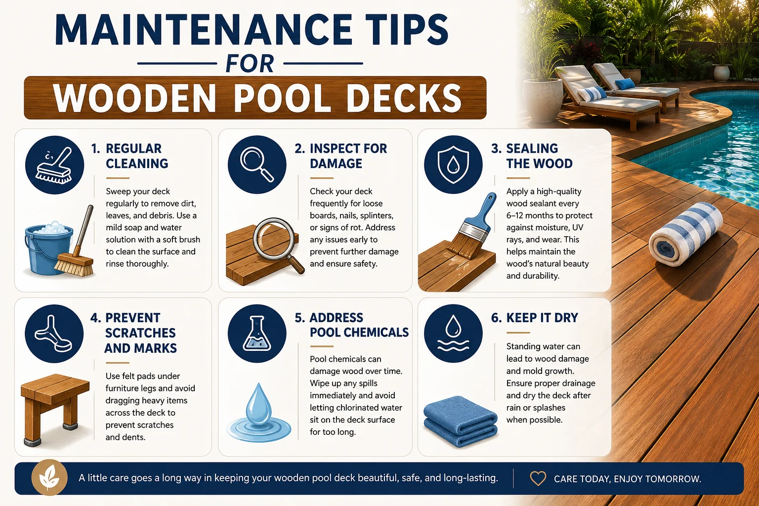 infographic of Maintenance Tips for Wooden Pool Decks to Ensure Longevity