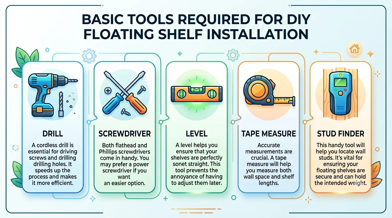 An infographic titled "Basic Tools Required for DIY Floating Shelf Installation" in a 16:9 aspect ratio, displaying five vertical panels containing illustrative icons and descriptions for a drill, screwdriver, level, tape measure, and stud finder.