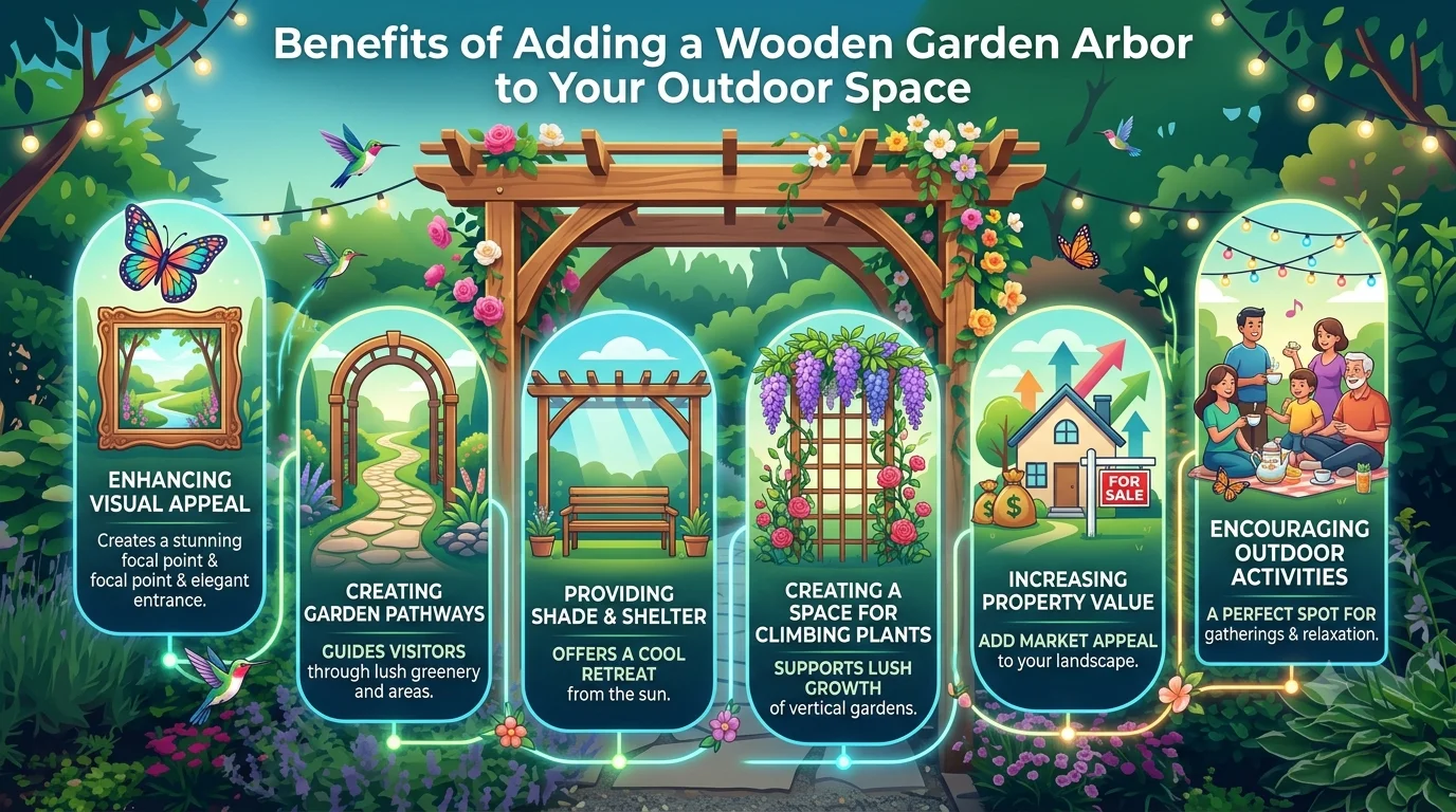 An infographic titled "Benefits of Adding a Wooden Garden Arbor to Your Outdoor Space" featuring six illustrated columns: Enhancing Visual Appeal, Creating Garden Pathways, Providing Shade & Shelter, Creating a Space for Climbing Plants, Increasing Property Value, and Encouraging Outdoor Activities.