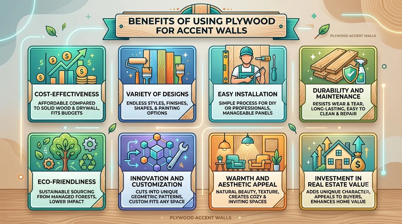 An infographic titled "Benefits of Using Plywood for Accent Walls" featuring eight colorful blocks outlining cost-effectiveness, design variety, easy installation, durability, eco-friendliness, innovation, warmth, and real estate investment value.