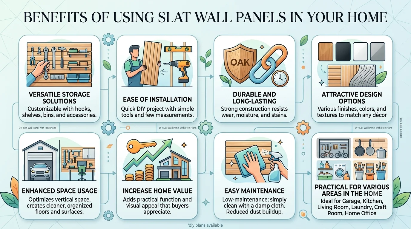 An infographic titled "Benefits of Using Slat Wall Panels in Your Home" in a 16:9 aspect ratio, presenting eight light-colored panels with descriptive icons and text explaining storage, installation, durability, and space-saving advantages.