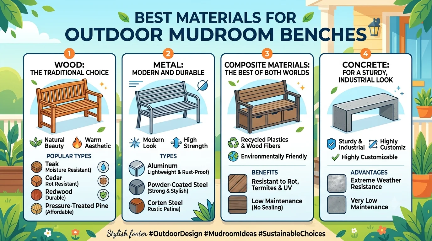 An infographic detailing the best materials for outdoor mudroom benches, showing four columns: Wood (Traditional Choice), Metal (Modern and Durable), Composite Materials (Best of Both Worlds), and Concrete (Sturdy, Industrial Look), each with icons and specific material traits.