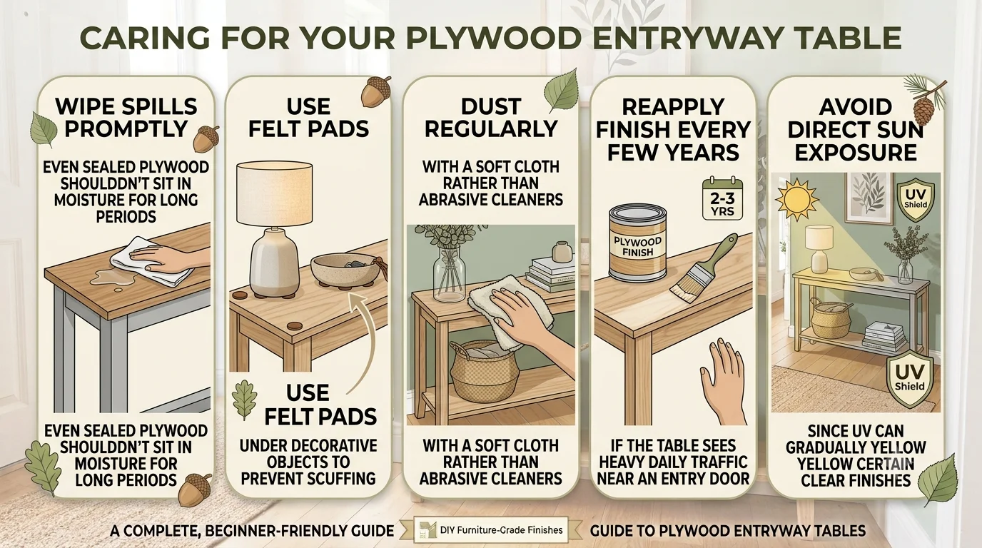 Infographic detailing five maintenance tips for a DIY entryway table: wiping spills promptly, using felt pads, dusting regularly, reapplying finish periodically, and avoiding direct sunlight.