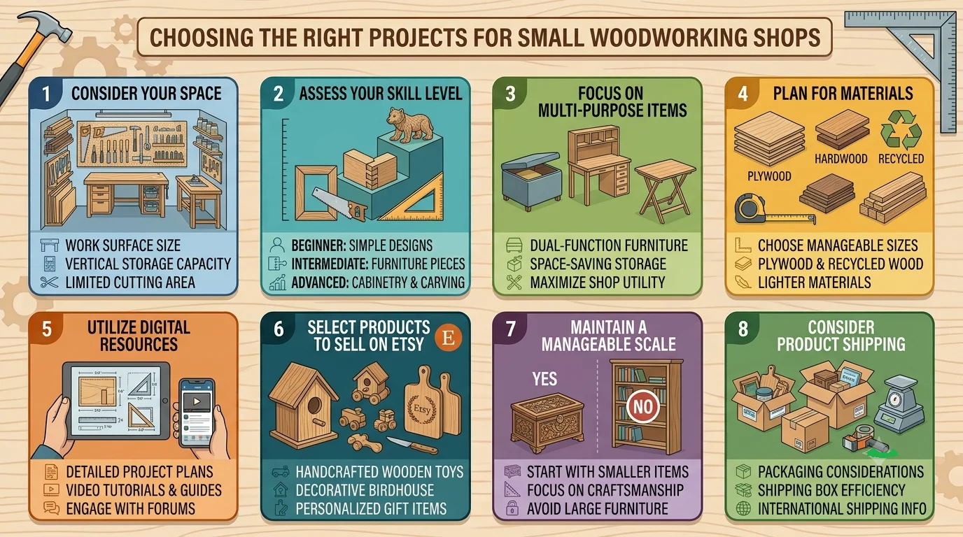 Infographic titled "Choosing the Right Projects for Small Woodworking Shops" outlining eight steps: evaluating space, assessing skill levels, focusing on multi-purpose items, planning materials, using digital resources, selecting Etsy products, maintaining manageable scale, and planning for shipping.