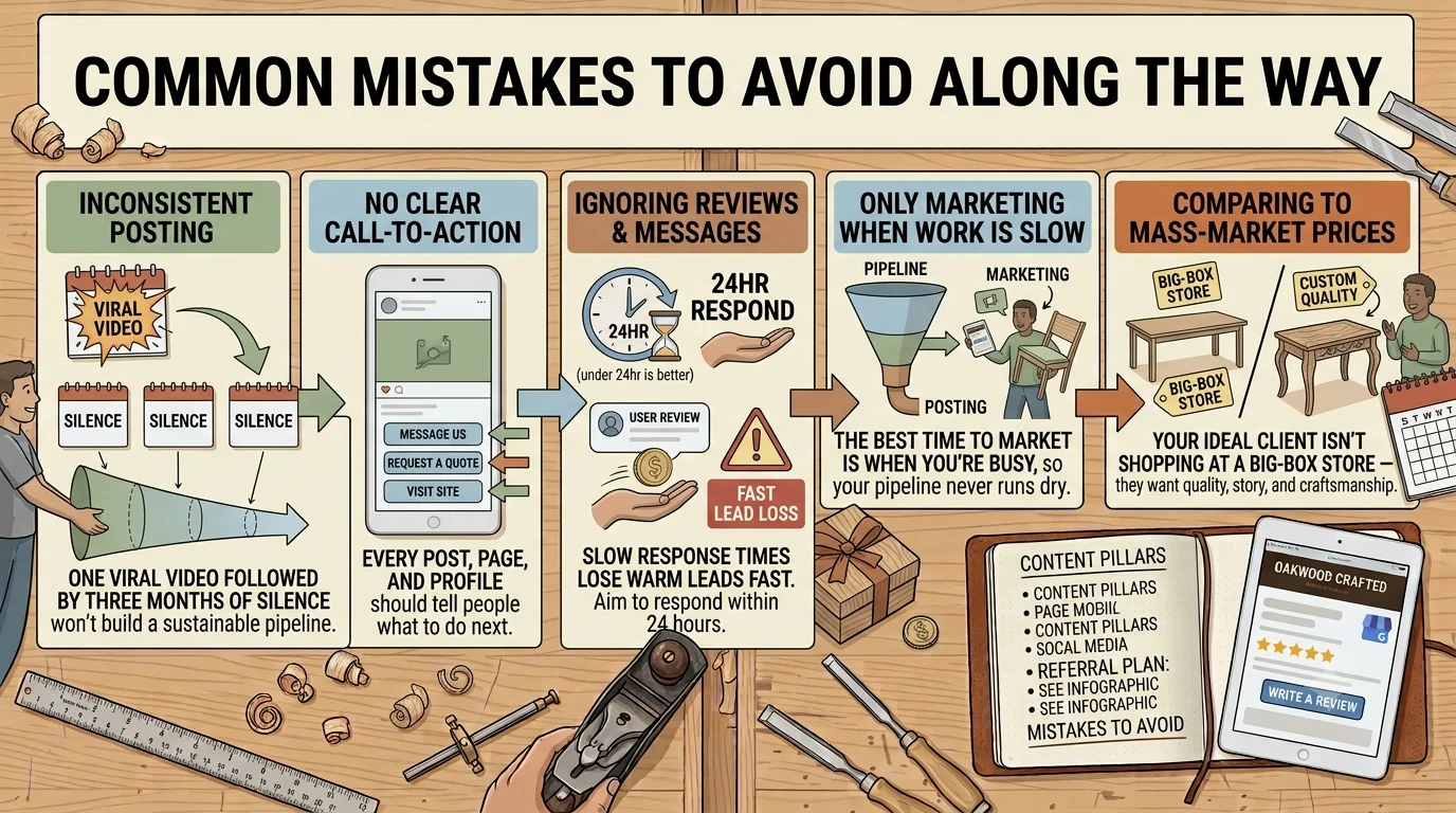 Woodworking business infographic titled "Common Mistakes to Avoid Along the Way," illustrating five key pitfalls: inconsistent posting, no clear call-to-action, ignoring reviews and messages, only marketing when slow, and comparing to mass-market prices.