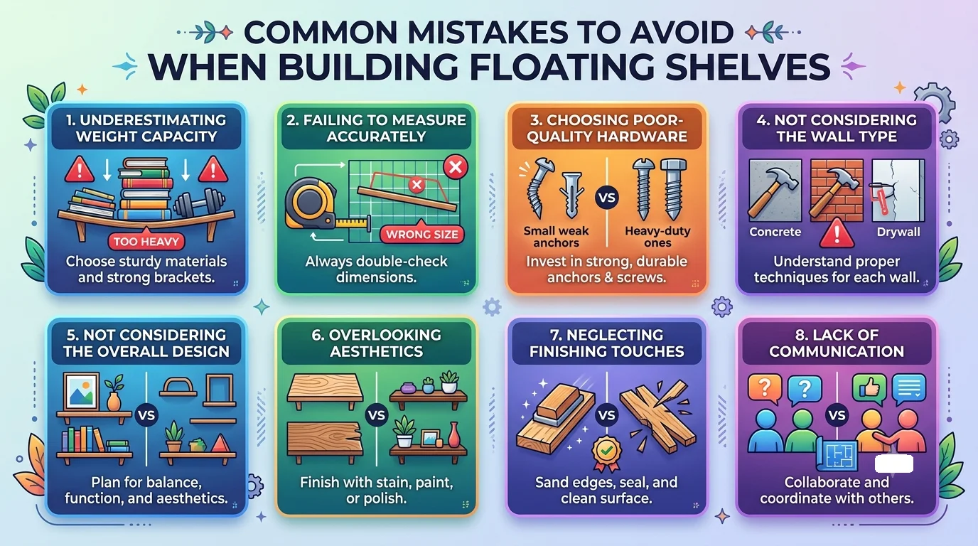 An infographic titled "Common Mistakes to Avoid When Building Floating Shelves" in a 16:9 aspect ratio, displaying eight numbered panels with illustrations and helpful tips for each mistake.