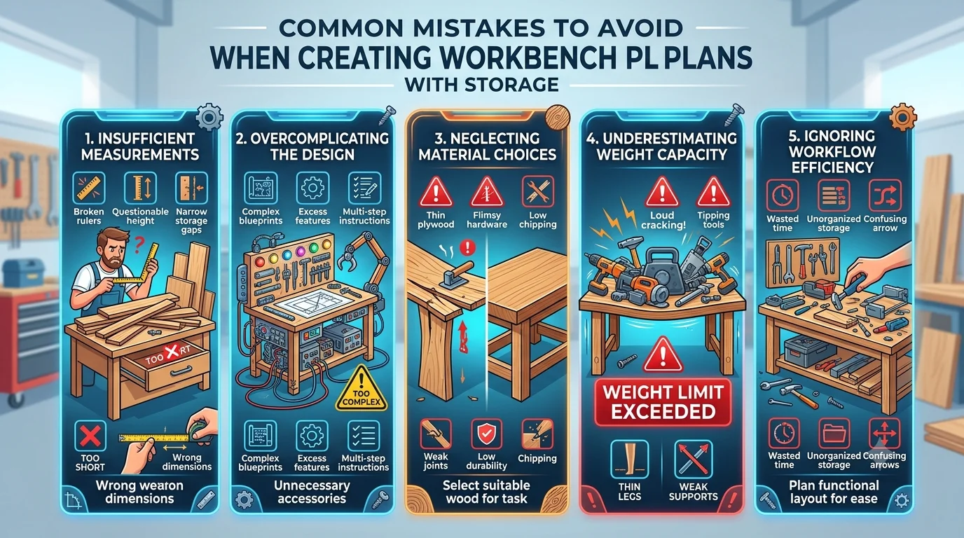 A workshop safety and planning infographic titled "COMMON MISTAKES TO AVOID WHEN CREATING WORKBENCH PLANS WITH STORAGE" organized into five vertical warning panels