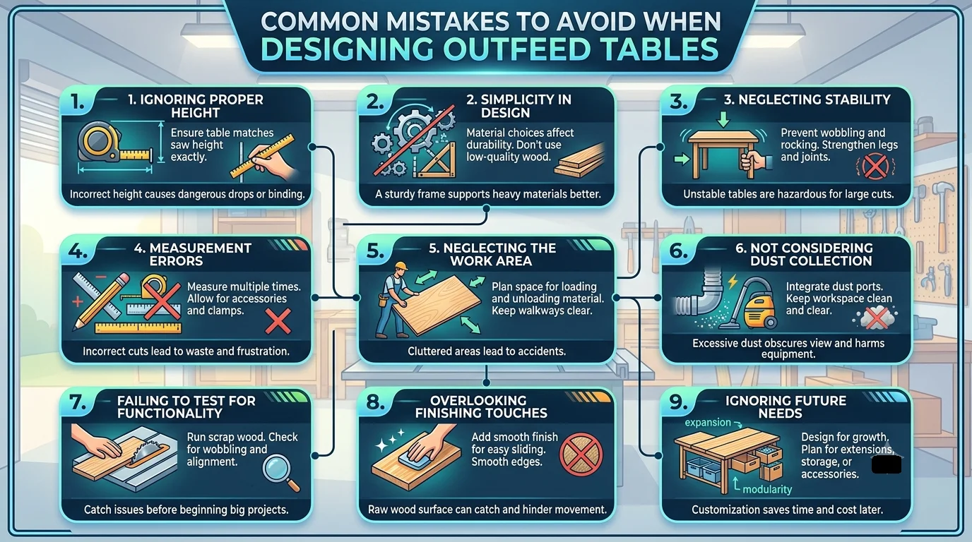 A woodworking infographic titled "COMMON MISTAKES TO AVOID WHEN DESIGNING OUTFEED TABLES" arranged in a 3x3 grid of nine numbered panels
