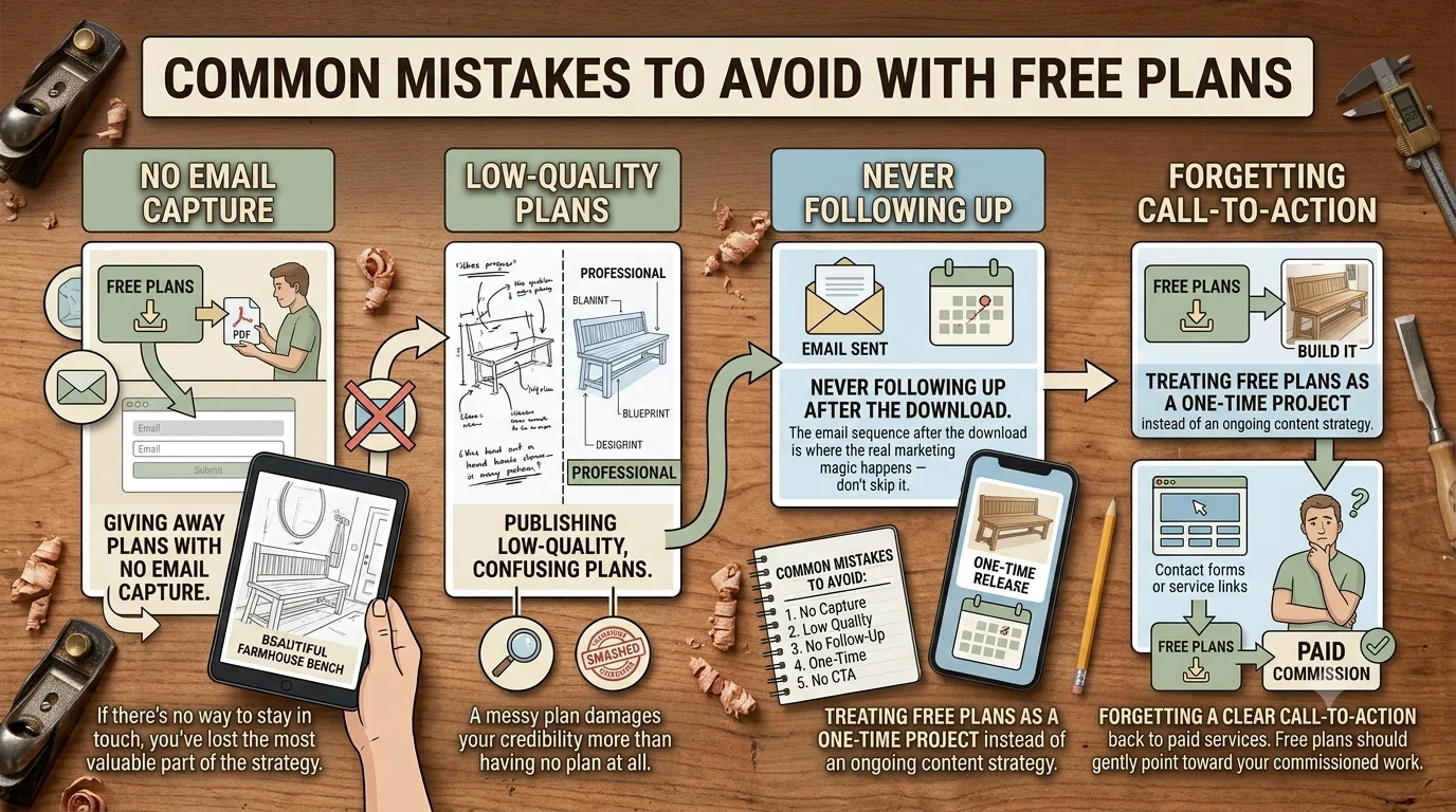 Woodworking marketing infographic titled "Common Mistakes to Avoid with Free Plans," highlighting five pitfalls: no email capture, low-quality plans, skipping follow-ups, one-time releases, and forgetting call-to-actions.