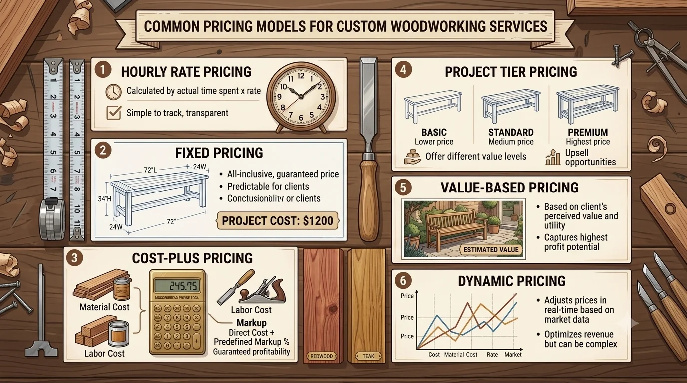 Panel 1, with a clock icon, explains Hourly Rate Pricing, describing it as being calculated by actual time spent and offering transparency.