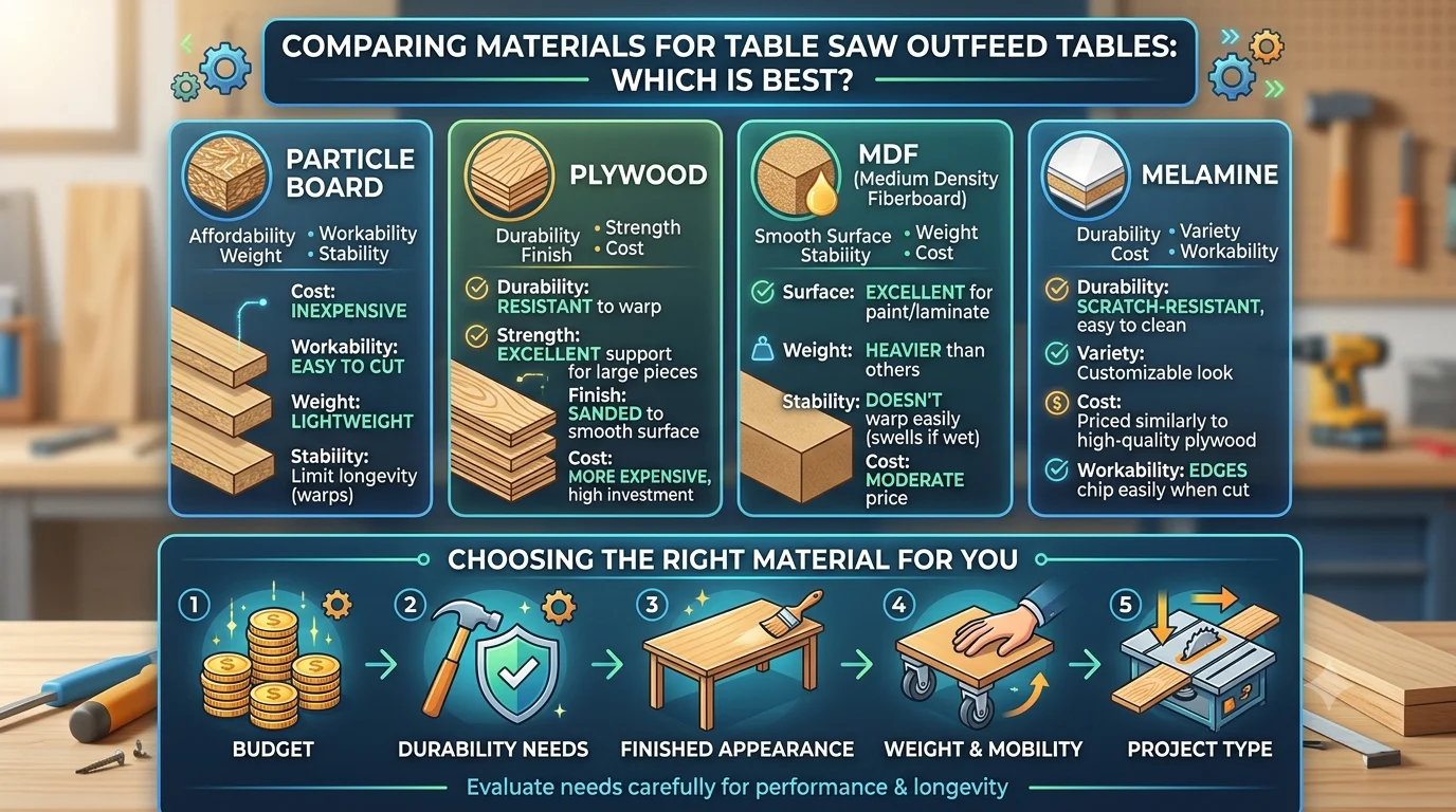 A comparison infographic titled "COMPARING MATERIALS FOR TABLE SAW OUTFEED TABLES: WHICH IS BEST?" divided into two main sections