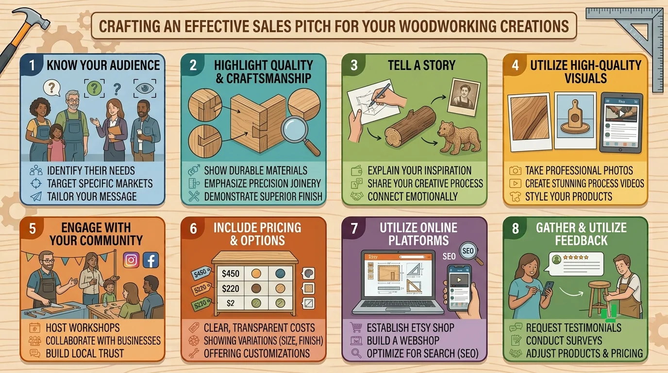 Infographic titled "Crafting an Effective Sales Pitch for Your Woodworking Creations" illustrating eight key steps for success. These include knowing your audience, highlighting quality craftsmanship, telling a story, utilizing high-quality visuals, engaging with your community, including pricing and options, utilizing online platforms, and gathering and utilizing feedback.