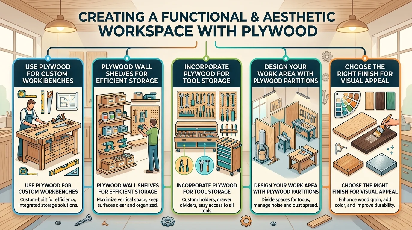 An organized workshop planning infographic titled "CREATING A FUNCTIONAL & AESTHETIC WORKSPACE WITH PLYWOOD" divided into five vertical instructional columns