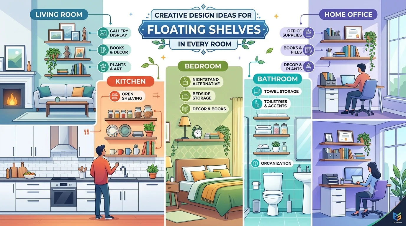 An infographic titled "Creative Design Ideas for Floating Shelves in Every Room" in a 16:9 aspect ratio, featuring illustrated room scenes and design ideas for the living room, kitchen, bedroom, bathroom, and home office.