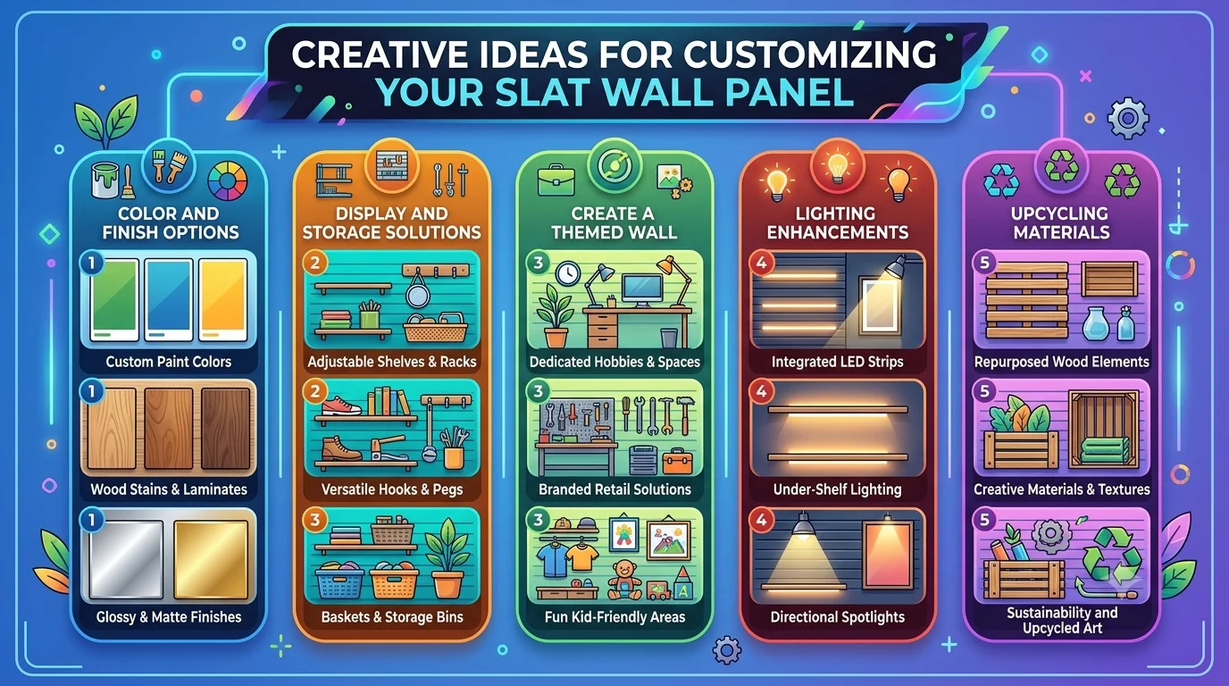 An infographic titled "Creative Ideas for Customizing Your Slat Wall Panel" presented in a 16:9 aspect ratio with a colorful, modern design. It features five vertical categories: Color and Finish Options, Display and Storage Solutions, Create a Themed Wall, Lighting Enhancements, and Upcycling Materials, each illustrated with icons and clean layouts.