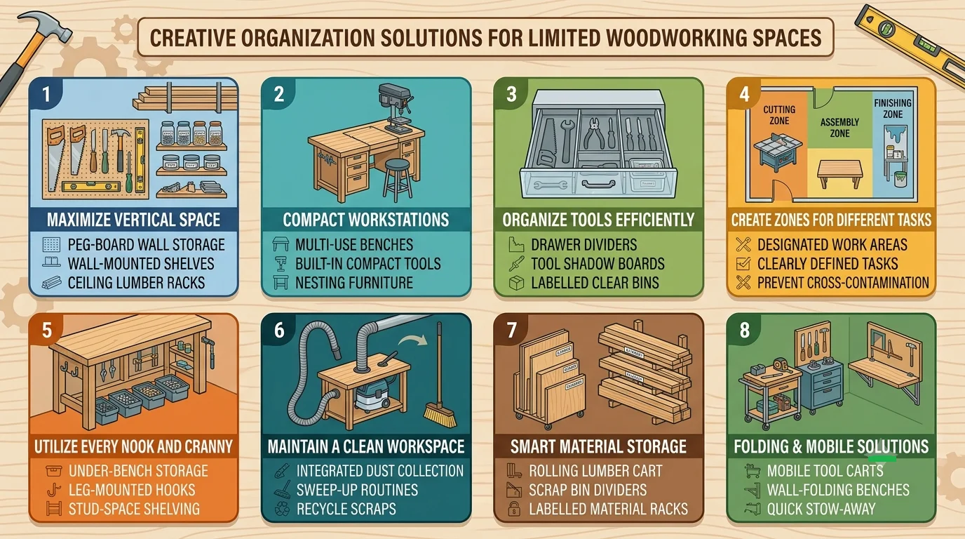 Infographic titled "Creative Organization Solutions for Limited Woodworking Spaces" showing key strategies: vertical pegboards, compact workstations, tool drawers, task zones, nook storage, dust collection, material racks, and folding benches.