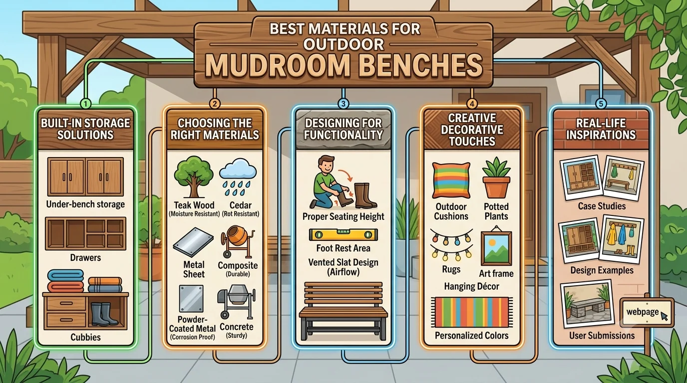 An infographic in a 16:9 ratio titled "STYLING YOUR OUTDOOR MUDROOM," featuring six colorful, numbered panels: Color Palette, Functional Furniture, Greenery, Ambiance Lighting, Personal Touches, and Keeping It Organized.