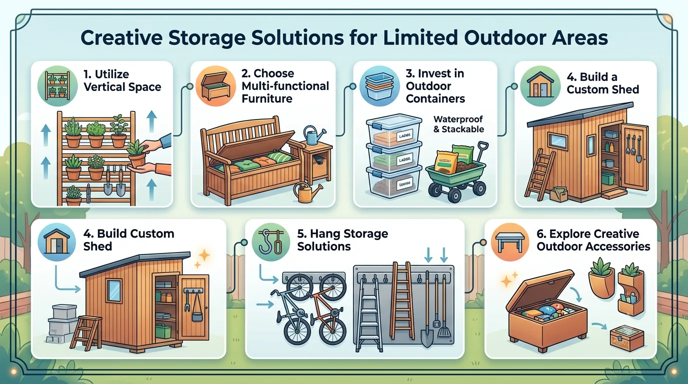 An infographic titled "Creative Storage Solutions for Limited Outdoor Areas" showing numbered panels for vertical space, multi-functional furniture, containers, a custom shed, hanging options, and outdoor accessories.