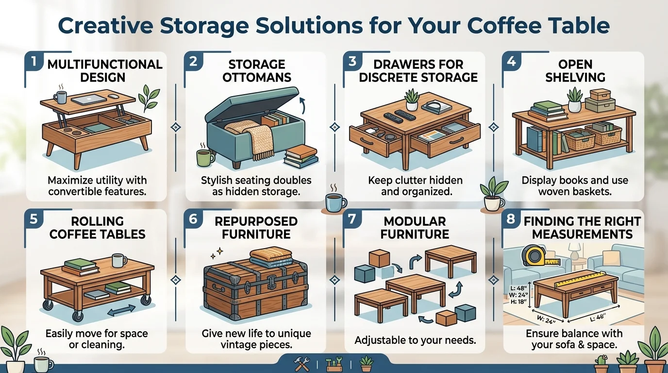 A modern infographic titled "Creative Storage Solutions for Your Coffee Table" featuring eight numbered panels with illustrations and text descriptions of multifunctional designs, storage ottomans, drawers, open shelving, rolling tables, repurposed furniture, modular pieces, and tips on finding the right measurements against a blurred living room background.