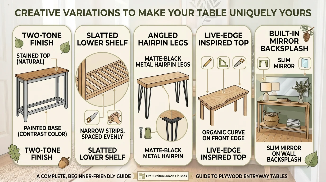 Infographic highlighting five custom variations for a DIY entryway table: a two-tone finish, a slatted lower shelf, hairpin legs, a live-edge top, and a mirror backsplash.