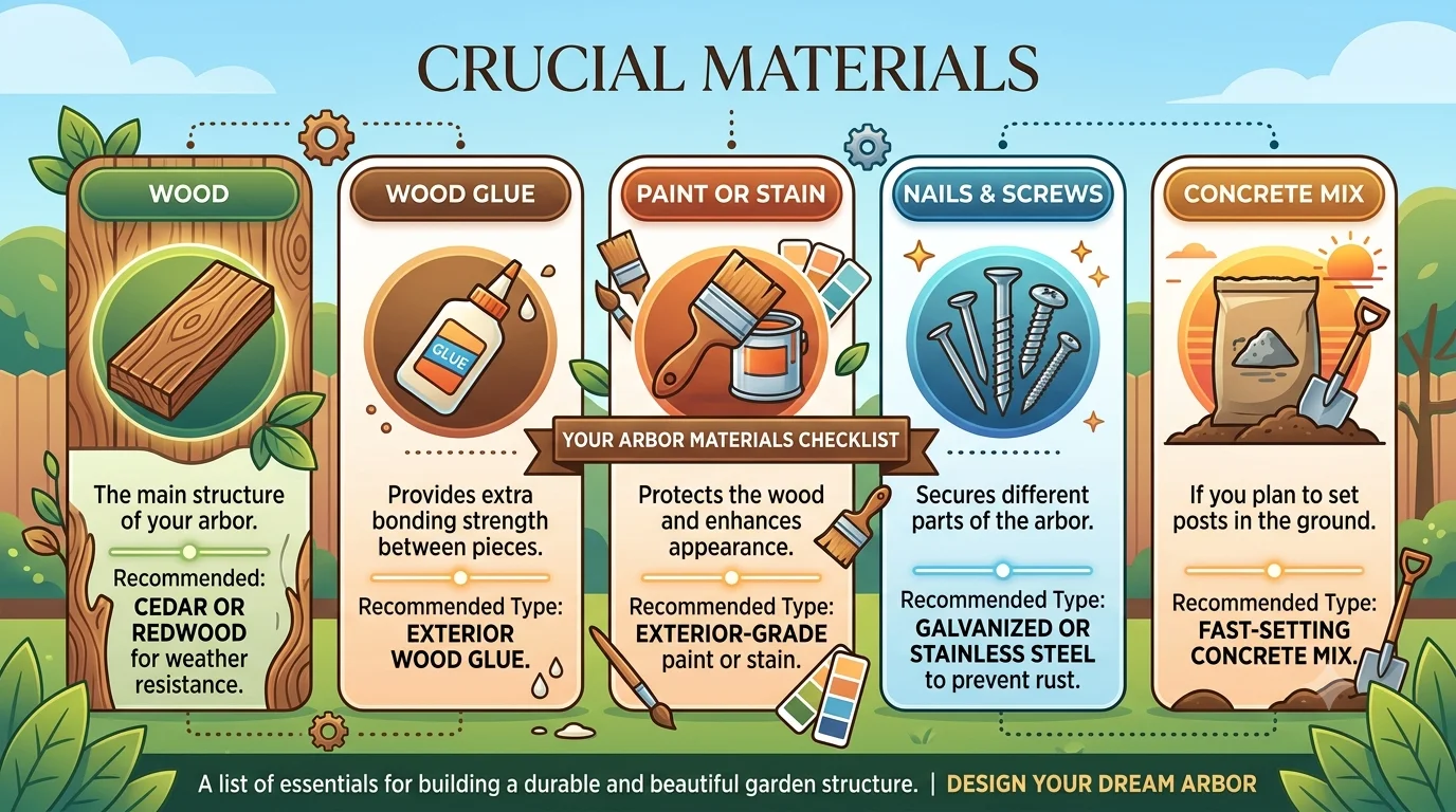 An infographic titled "Crucial Materials" showing a five-column checklist for building a garden arbor, featuring wood, wood glue, paint or stain, nails & screws, and concrete mix with brief descriptions and recommended types.