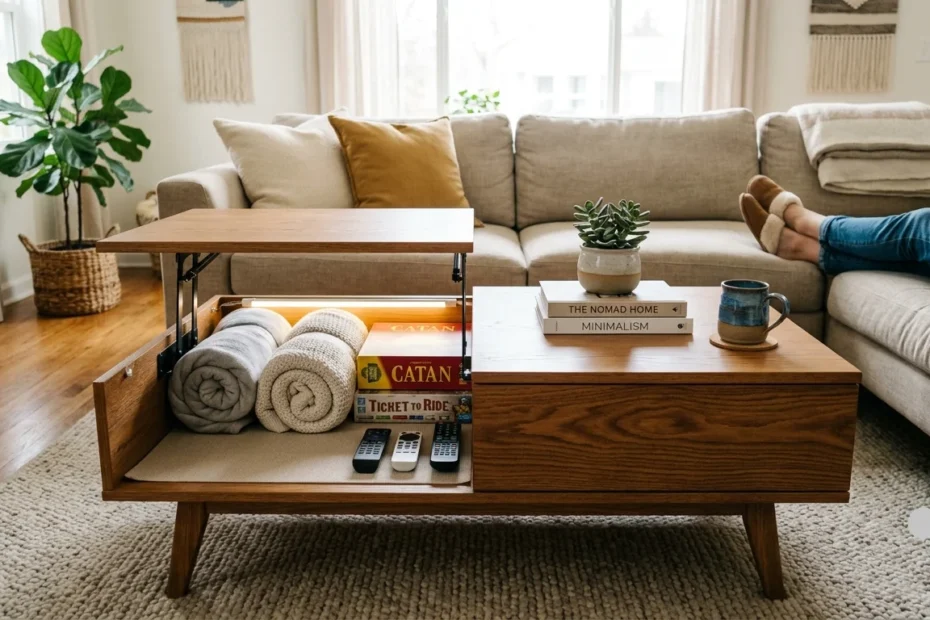 A modern, warm-toned wood lift-top coffee table in a bright living room, with its top partially raised to reveal hidden storage containing rolled blankets, board games, and remotes, while a succulent, books, and a mug sit on the closed side.