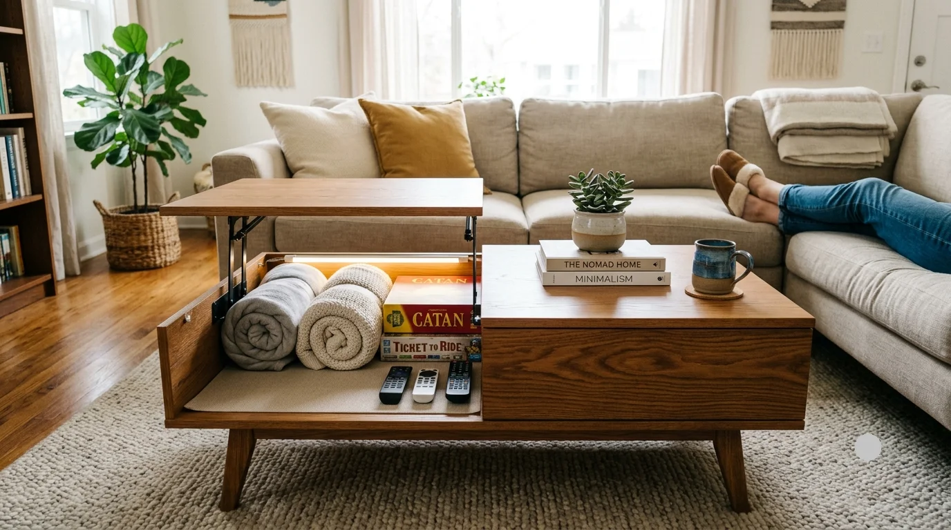 A modern, warm-toned wood lift-top coffee table in a bright living room, with its top partially raised to reveal hidden storage containing rolled blankets, board games, and remotes, while a succulent, books, and a mug sit on the closed side.