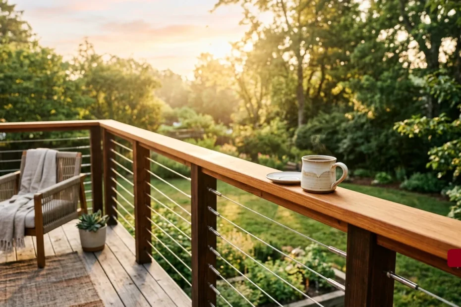 Morning light illuminates a modern wood-and-cable deck railing, where a cozy ceramic coffee mug rests on a wide top rail overlooking a lush, sun-dappled backyard.