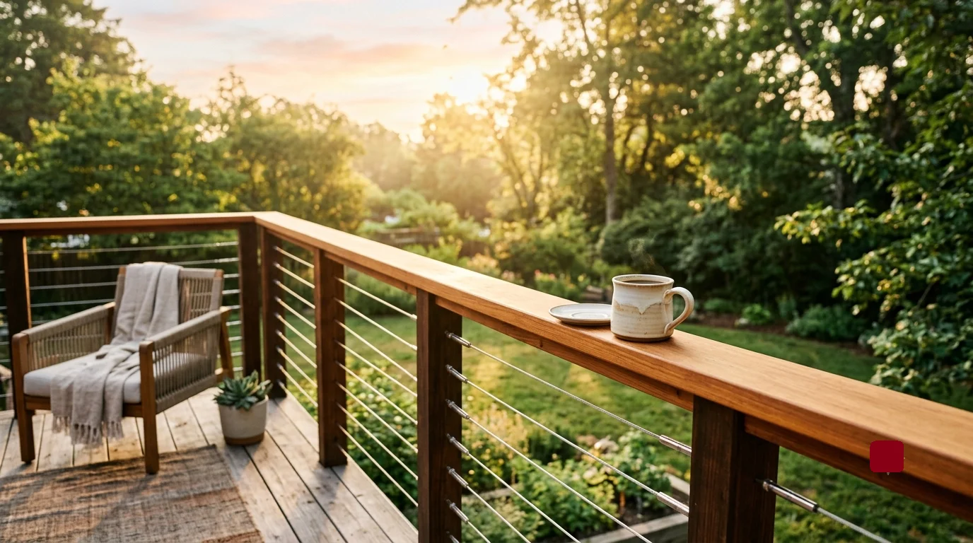 Morning light illuminates a modern wood-and-cable deck railing, where a cozy ceramic coffee mug rests on a wide top rail overlooking a lush, sun-dappled backyard.