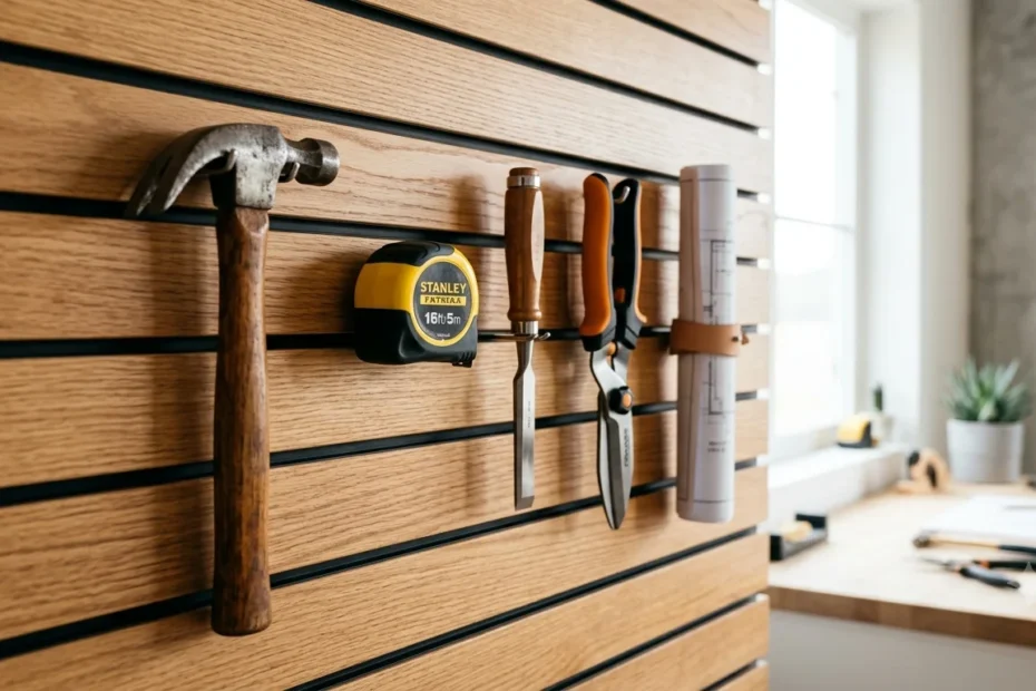An angled close-up shot of a natural wood slat wall panel holding five items—a hammer, a measuring tape, a wood chisel, heavy-duty shears, and a rolled blueprint—with a bright, minimalist workshop workbench visible in the background.