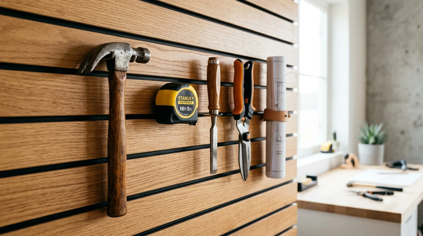 An angled close-up shot of a natural wood slat wall panel holding five items—a hammer, a measuring tape, a wood chisel, heavy-duty shears, and a rolled blueprint—with a bright, minimalist workshop workbench visible in the background.