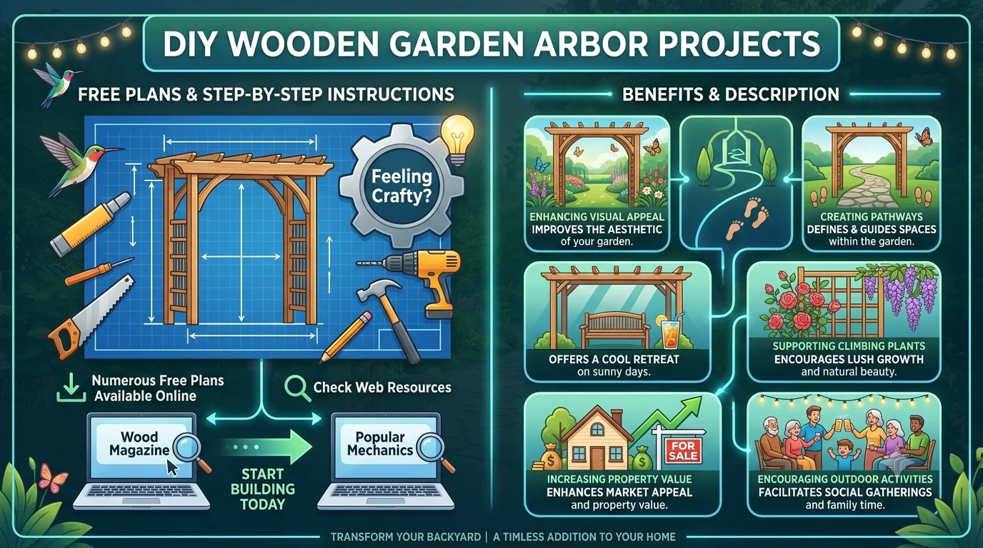 An infographic titled "DIY Wooden Garden Arbor Projects" split into two sections: "Free Plans & Step-By-Step Instructions" with a blueprint and building tools on the left, and a "Benefits & Description" breakdown highlighting visual appeal, pathways, shade, climbing plants, property value, and outdoor activities on the right.
