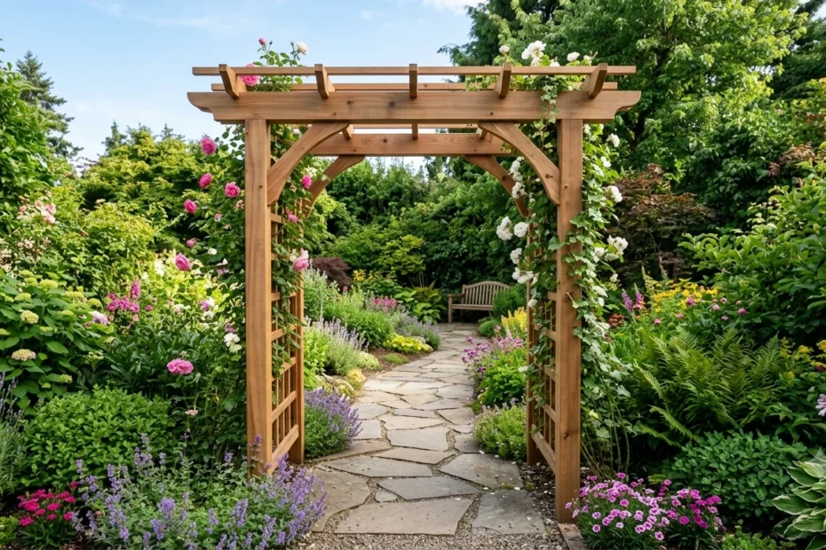 A wooden garden arbor frames a flagstone path through a lush garden with roses and lavender.