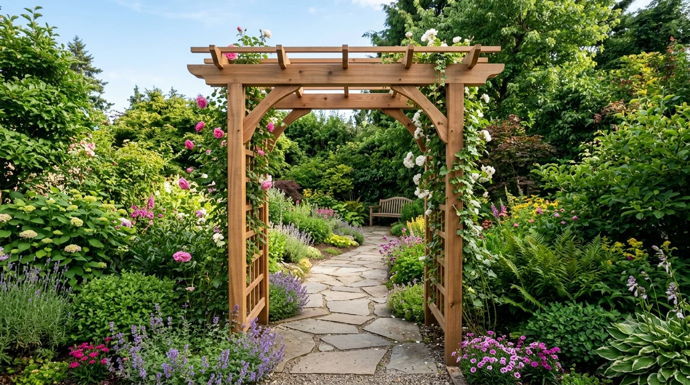 A wooden garden arbor frames a flagstone path through a lush garden with roses and lavender.