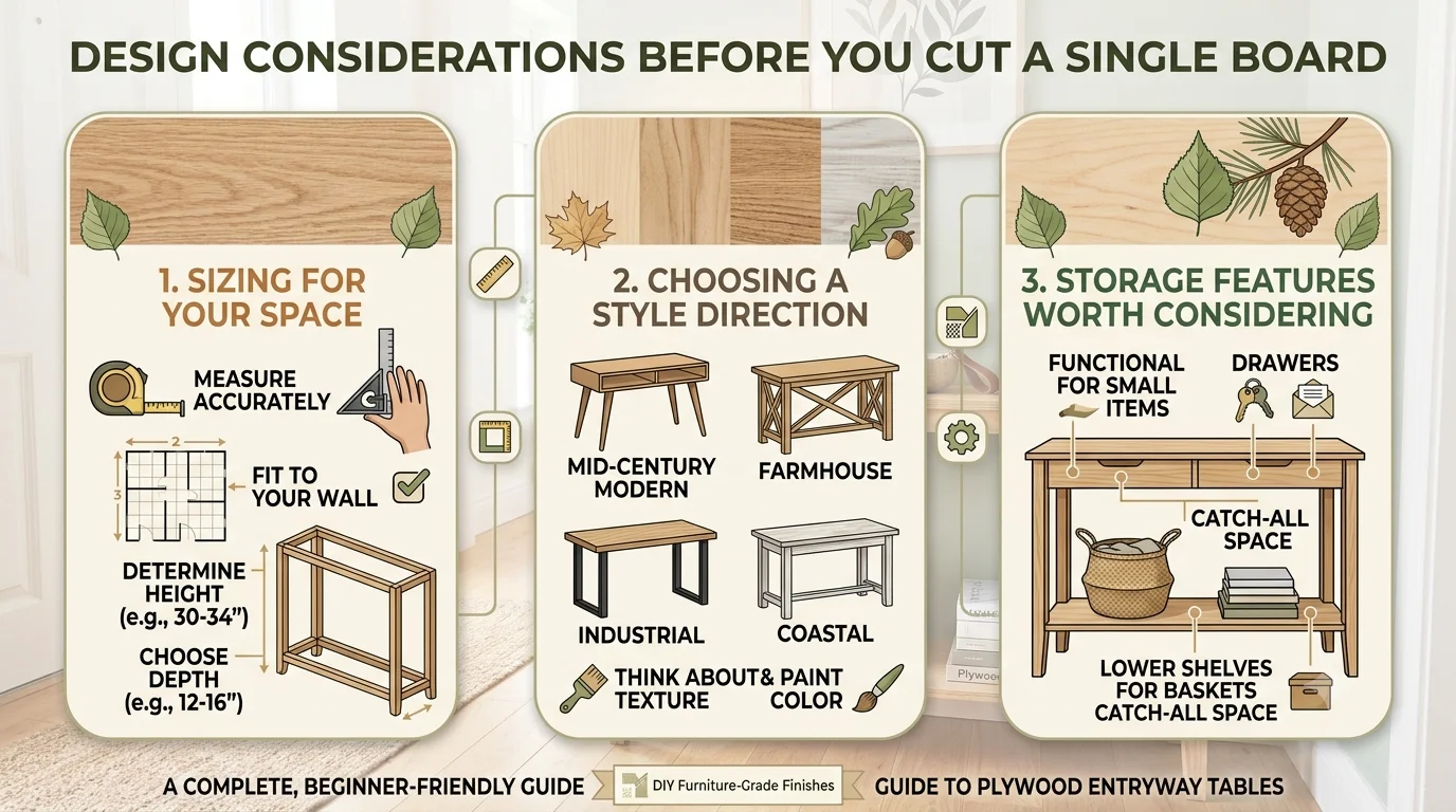 Infographic detailing three pre-cut design considerations for a DIY entryway table: sizing dimensions, aesthetic style options, and functional storage features.