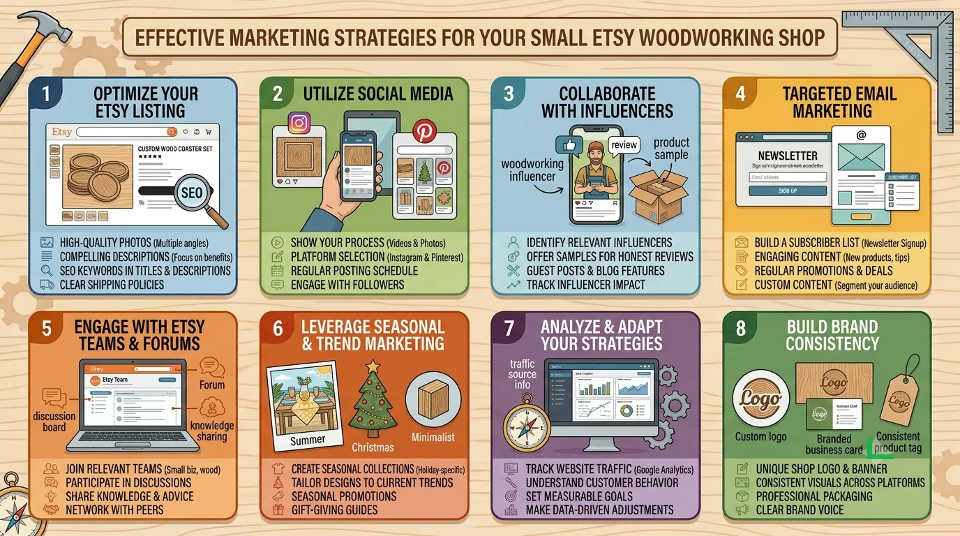 Infographic titled "Effective Marketing Strategies for Your Small Etsy Woodworking Shop" highlighting eight tactics: optimizing listings, social media, influencer collaborations, email marketing, Etsy forums, seasonal trends, data analytics, and brand consistency.