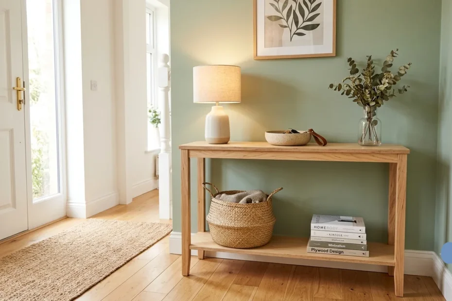 A finished DIY plywood entryway table styled with a lamp, catch-all bowl, vase, basket, and books against a sage green wall in a bright home foyer.