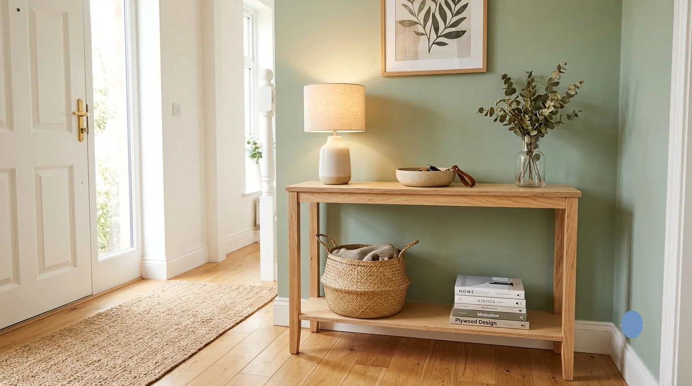 A finished DIY plywood entryway table styled with a lamp, catch-all bowl, vase, basket, and books against a sage green wall in a bright home foyer.