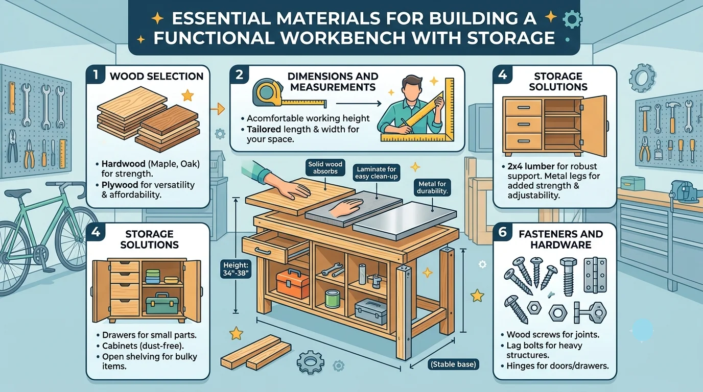 A woodworking infographic titled "ESSENTIAL MATERIALS FOR BUILDING A FUNCTIONAL WORKBENCH WITH STORAGE" highlighting building components around a central workbench blueprint